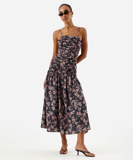 vestido midi alça fina feminino com viscose franzido floral roxo P