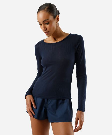 blusa de pijama avulsa feminina manga longa canelada azul PP