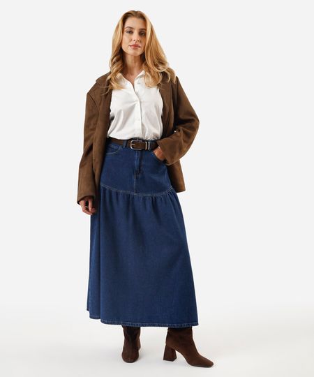 saia midi feminina jeans com recorte e franzidos cintura alta azul 44 saia midi feminina jeans com recorte e franzidos cintura alta azul 44