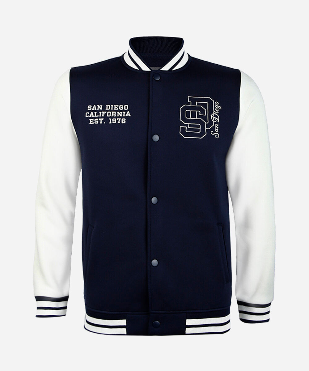 jaqueta bomber college juvenil de moletom com bordado azul