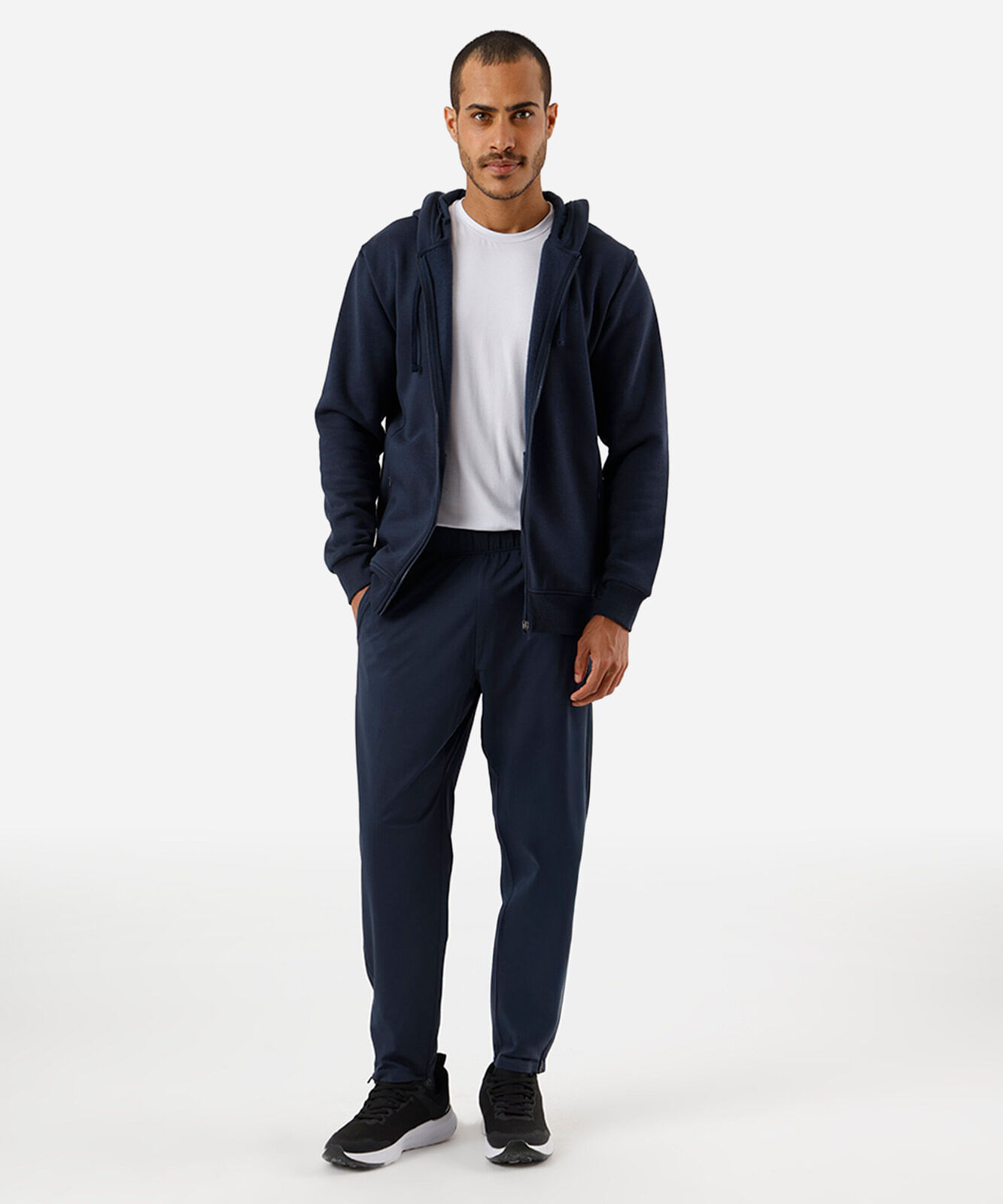 calça reta masculina esportiva com zíper na barra azul