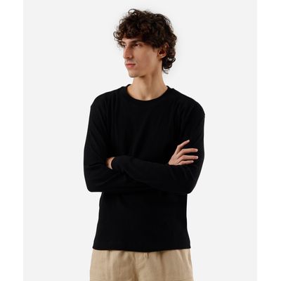 camiseta slim fit masculina de algodão manga longa canelada preta