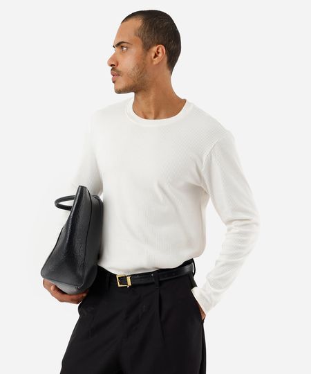 camiseta slim fit masculina de algodão manga longa canelada off white PP camiseta slim fit masculina de algodão manga longa canelada off white PP