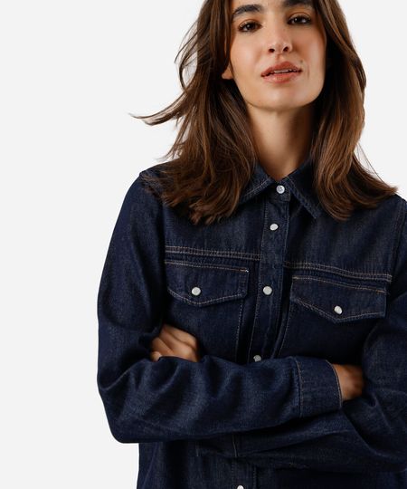 camisa feminina jeans com bolsos manga longa azul PP