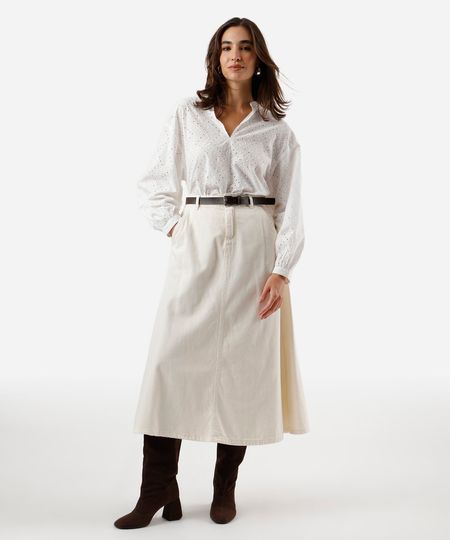 saia midi evasê feminina de sarja com cinto bege 40 saia midi evasê feminina de sarja com cinto bege 40