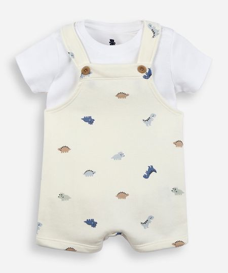 jardineira infantil com camiseta dinossauro off white 3-6