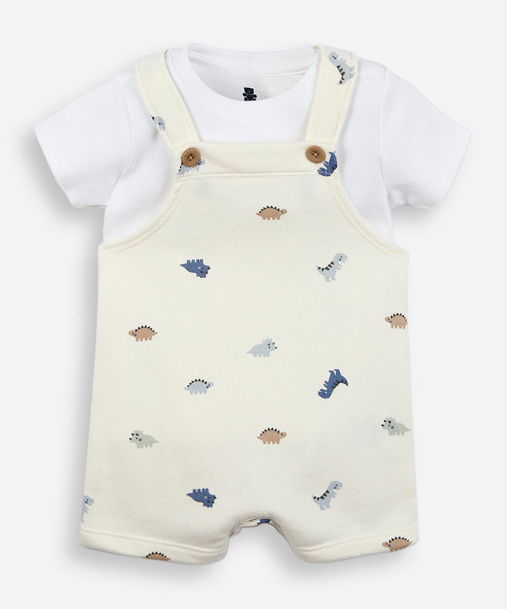 jardineira infantil com camiseta dinossauro off white