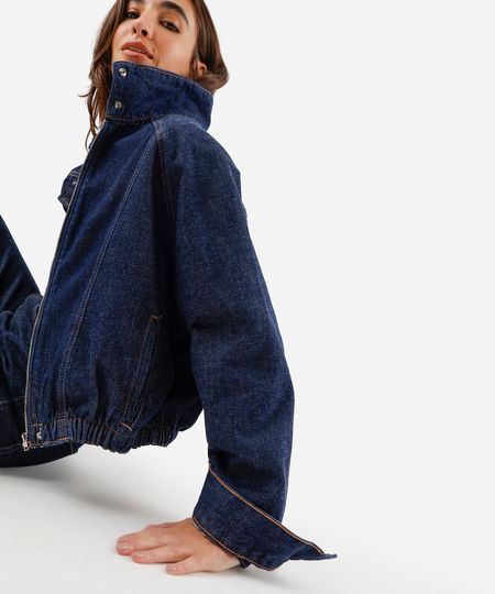jaqueta feminina jeans gola alta azul GG