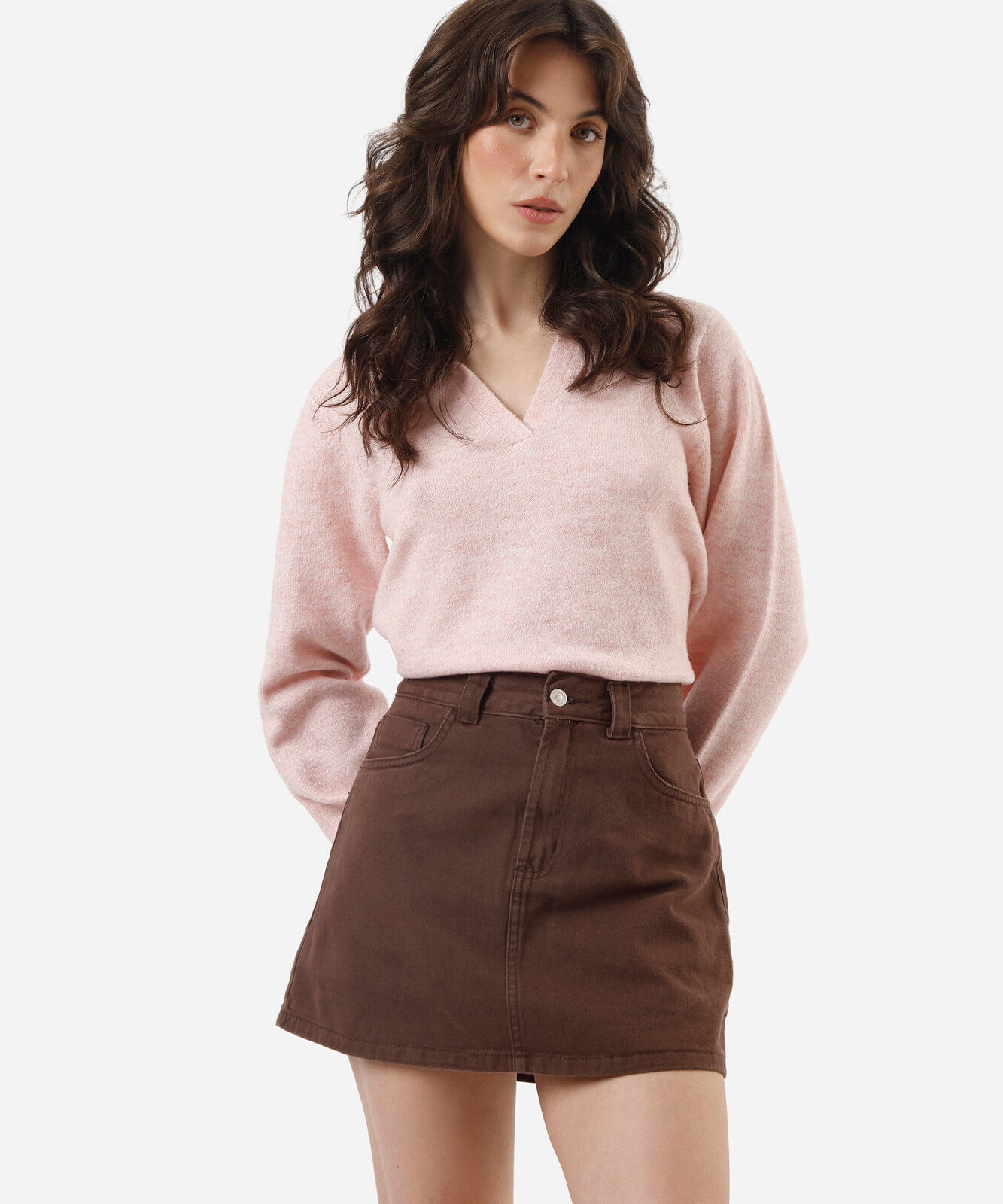 short saia feminino de sarja cintura alta marrom