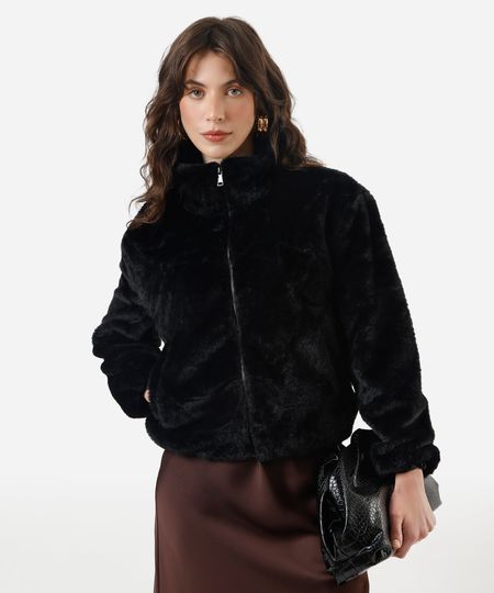 jaqueta feminina de pelúcia gola alta preta PP jaqueta feminina de pelúcia gola alta preta PP