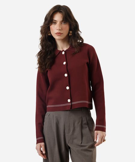 casaco feminino de tricot com listras vinho PP