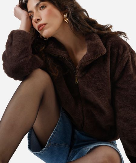 jaqueta feminina de pelúcia gola alta marrom G
