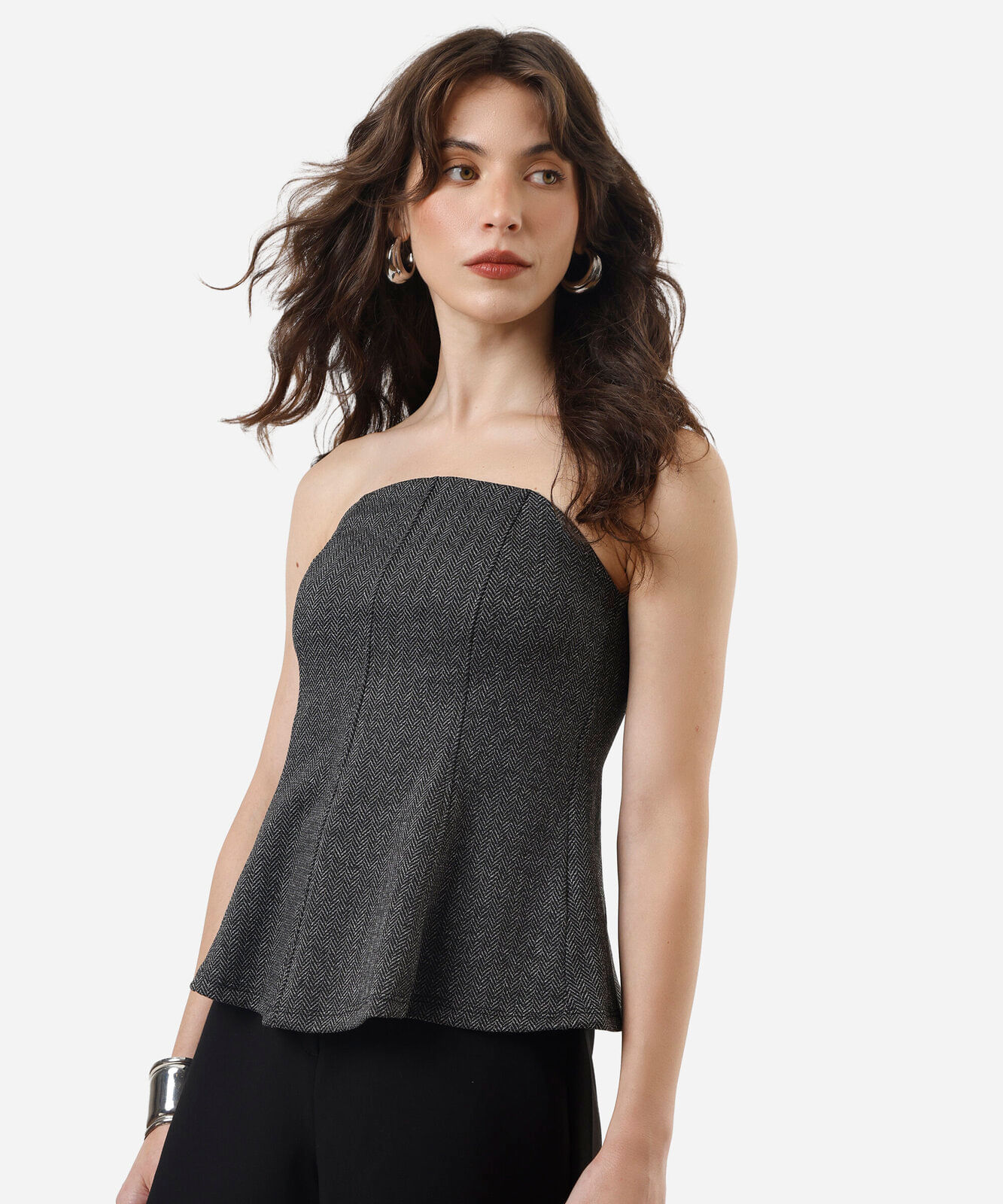 blusa peplum feminina de jacquard sem alça cinza