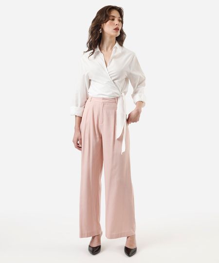 calça wide leg de alfaiataria feminina com linho e pregas rosa 38 calça wide leg de alfaiataria feminina com linho e pregas rosa 38