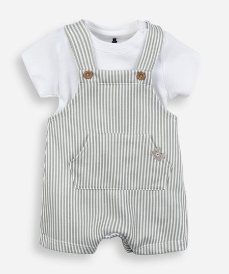 jardineira infantil com camiseta listrada off white 12-18