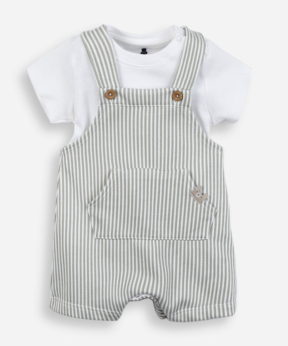 jardineira infantil com camiseta listrada off white