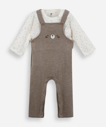 jardineira infantil com blusa bichinho marrom 3-6