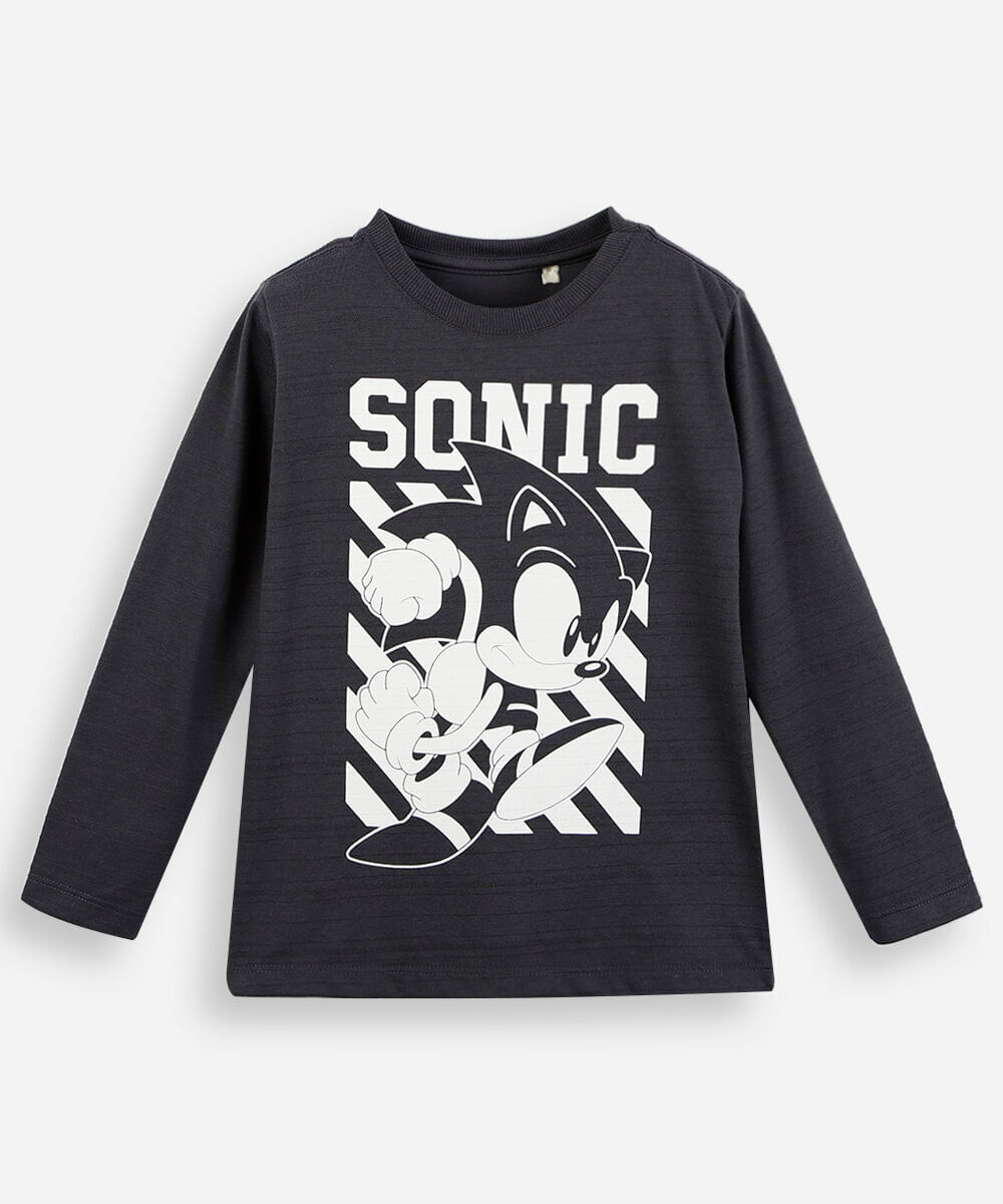 blusa infantil de algodão manga longa sonic cinza