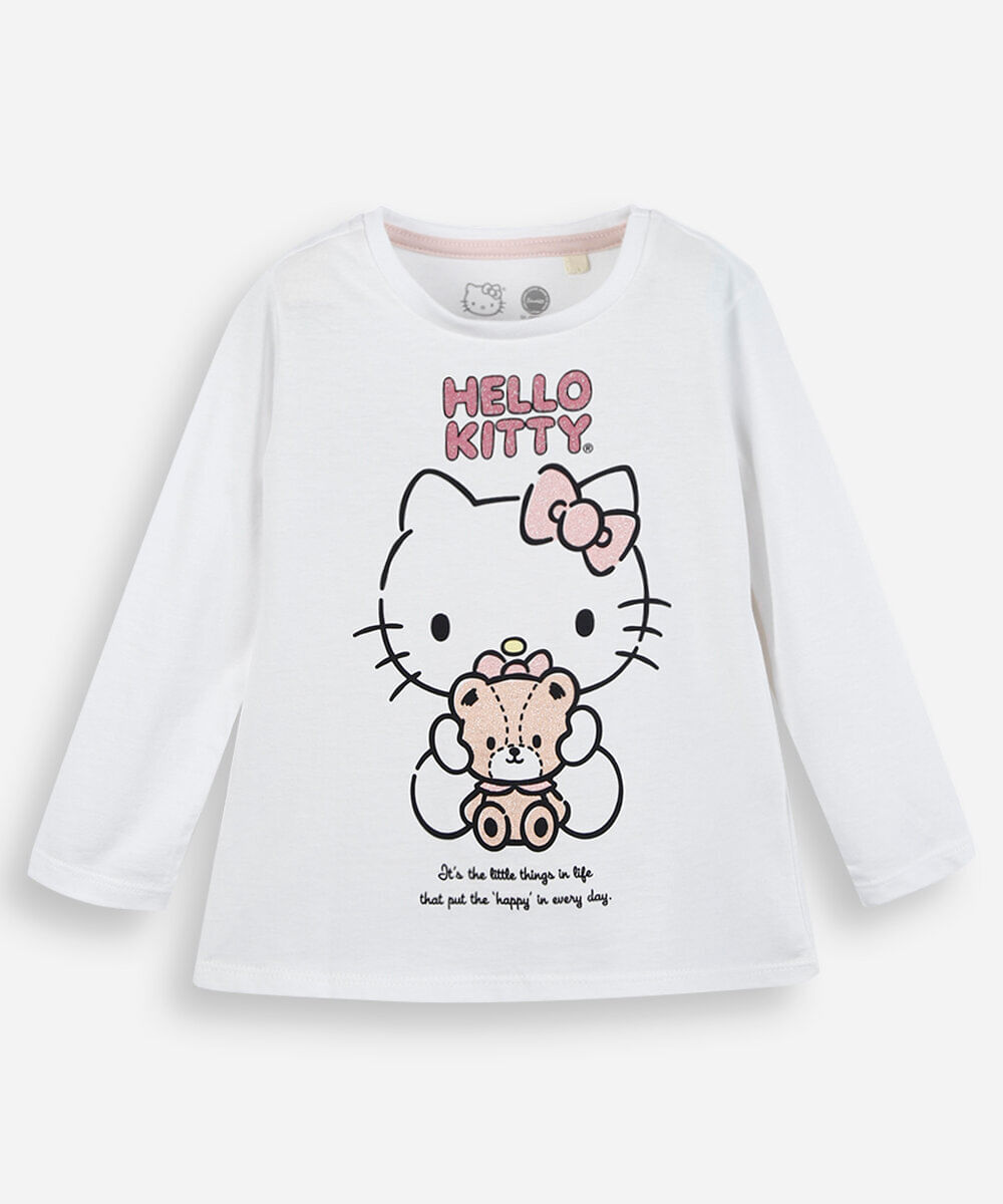 blusa infantil de algodão manga longa hello kitty off white