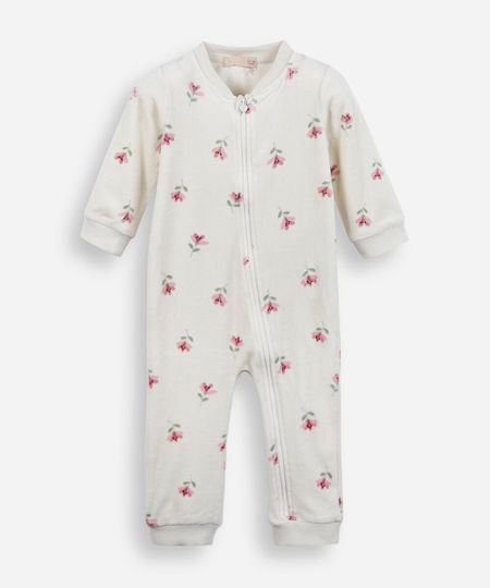 macacão longo infantil de plush floral bege 9-12 macacão longo infantil de plush floral bege 9-12