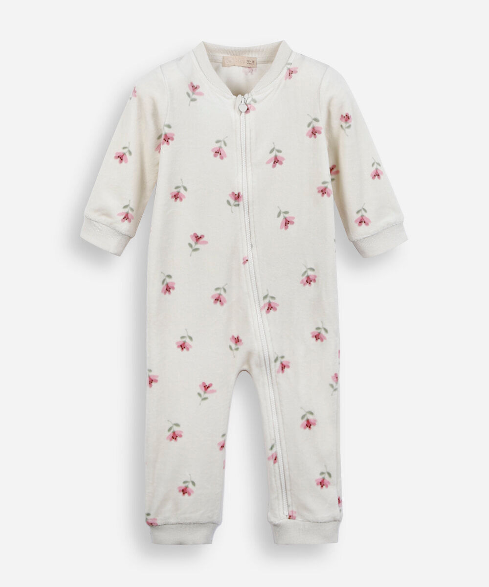 macacão longo infantil de plush floral bege