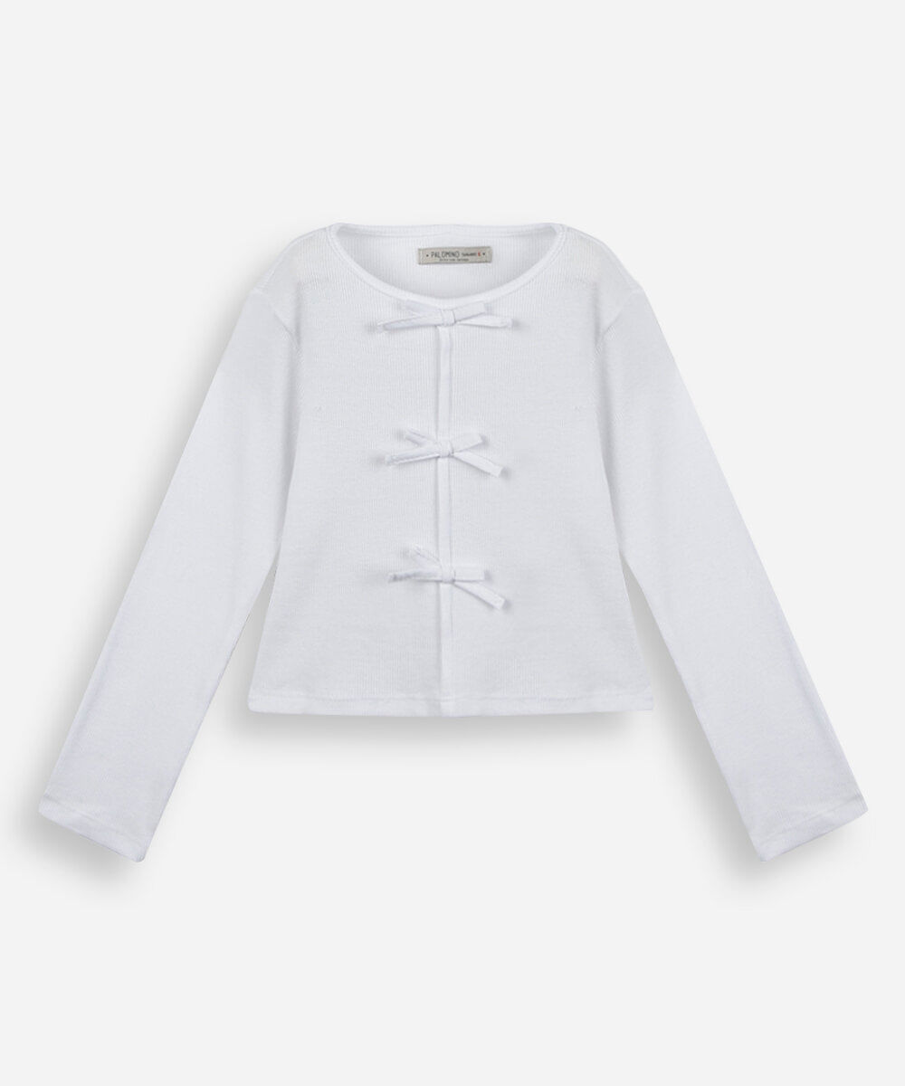 blusa infantil de algodão manga longa canelada com lacinhos off white
