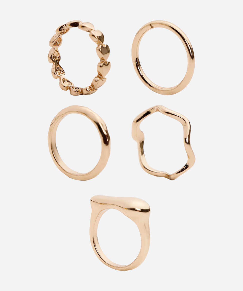 kit de 5 anéis diversos dourado