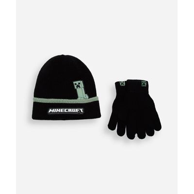 kit infantil de gorro e luvas de tricot minecraft preto