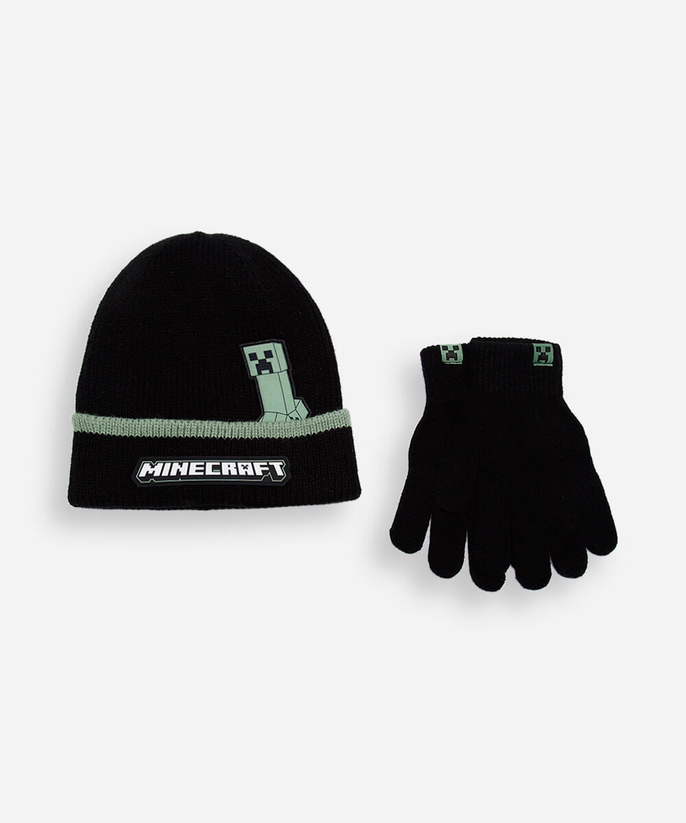 kit infantil de gorro e luvas de tricot minecraft preto
