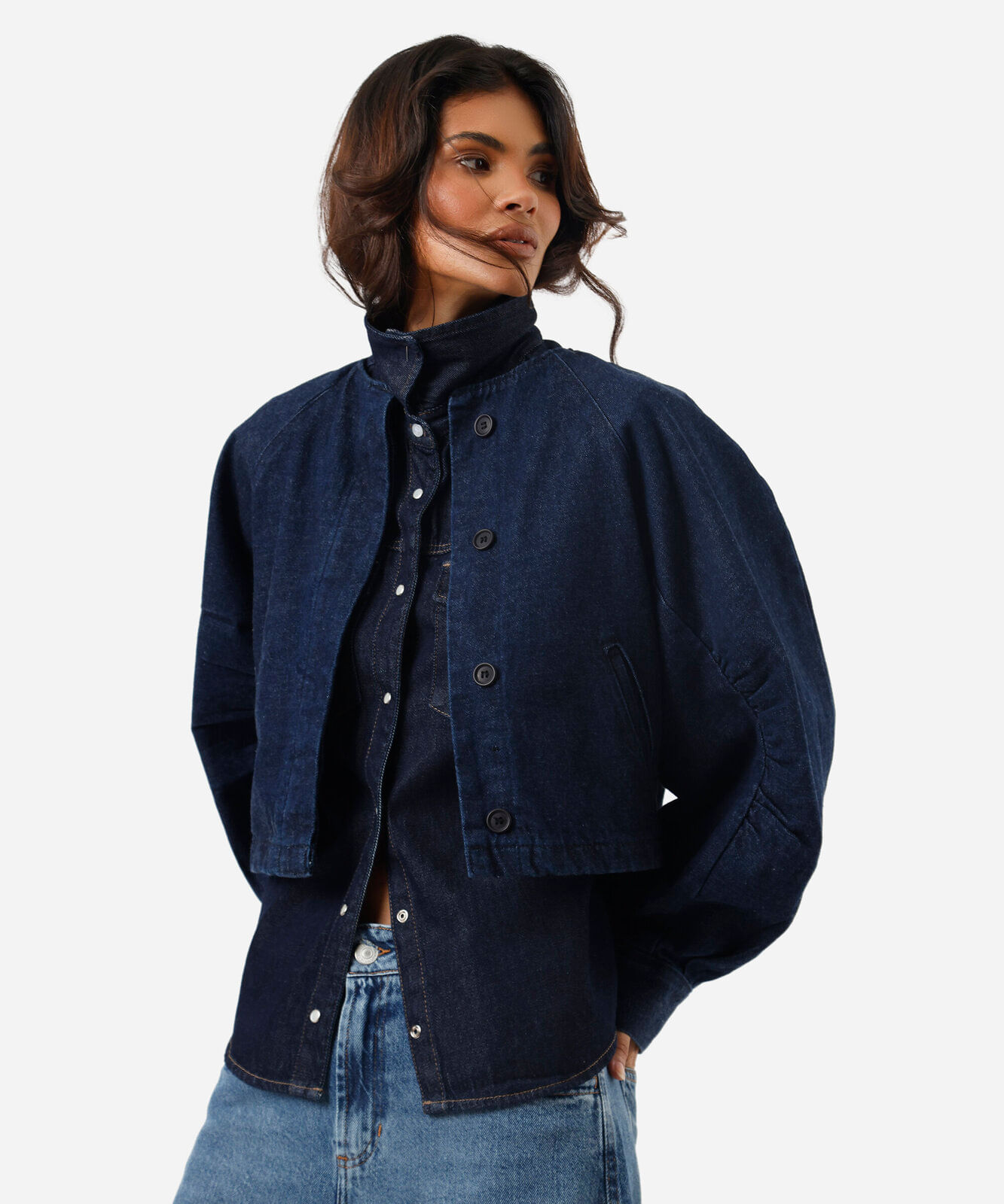 jaqueta bomber feminina jeans mangas franzidas azul