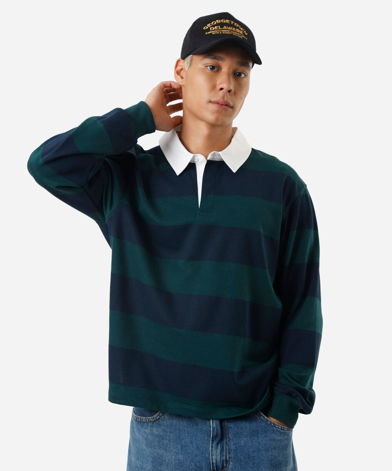 polo masculina de moletom manga longa listrada azul