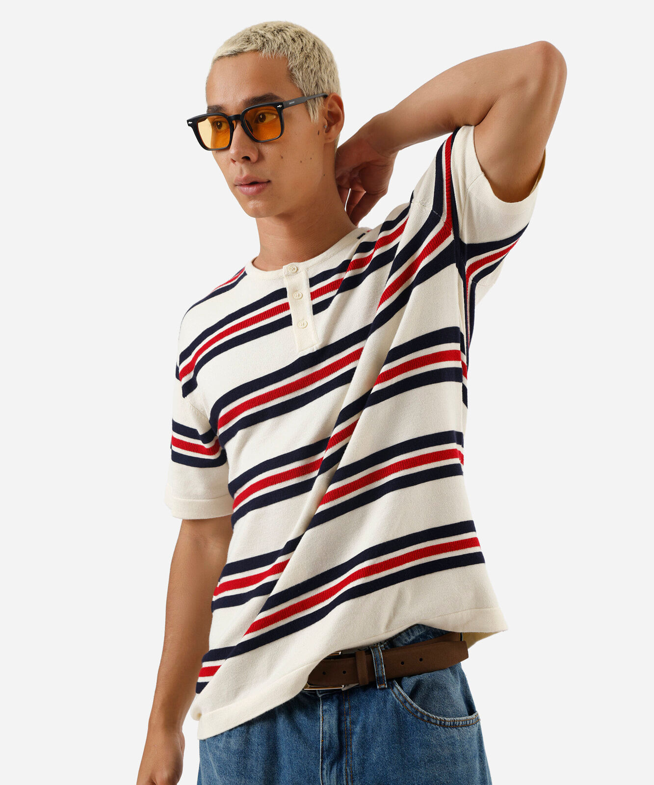 camiseta masculina de tricot gola portuguesa listrada off white