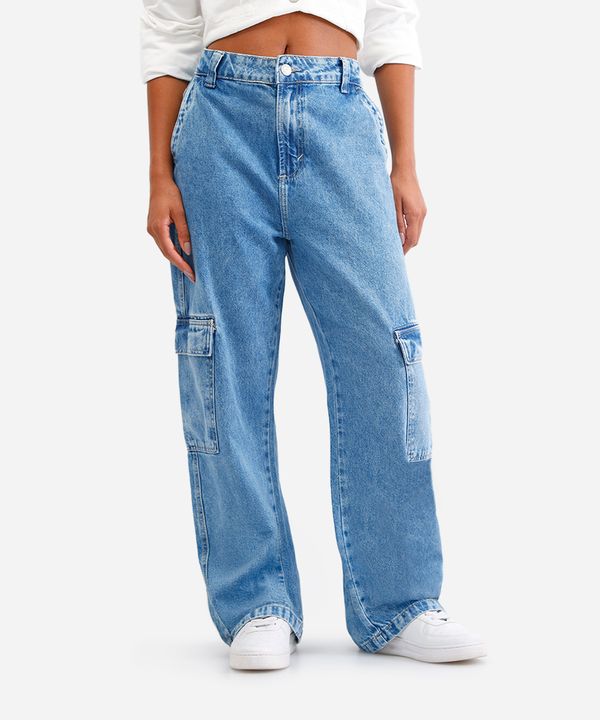calça wide leg feminina jeans cargo azul 44