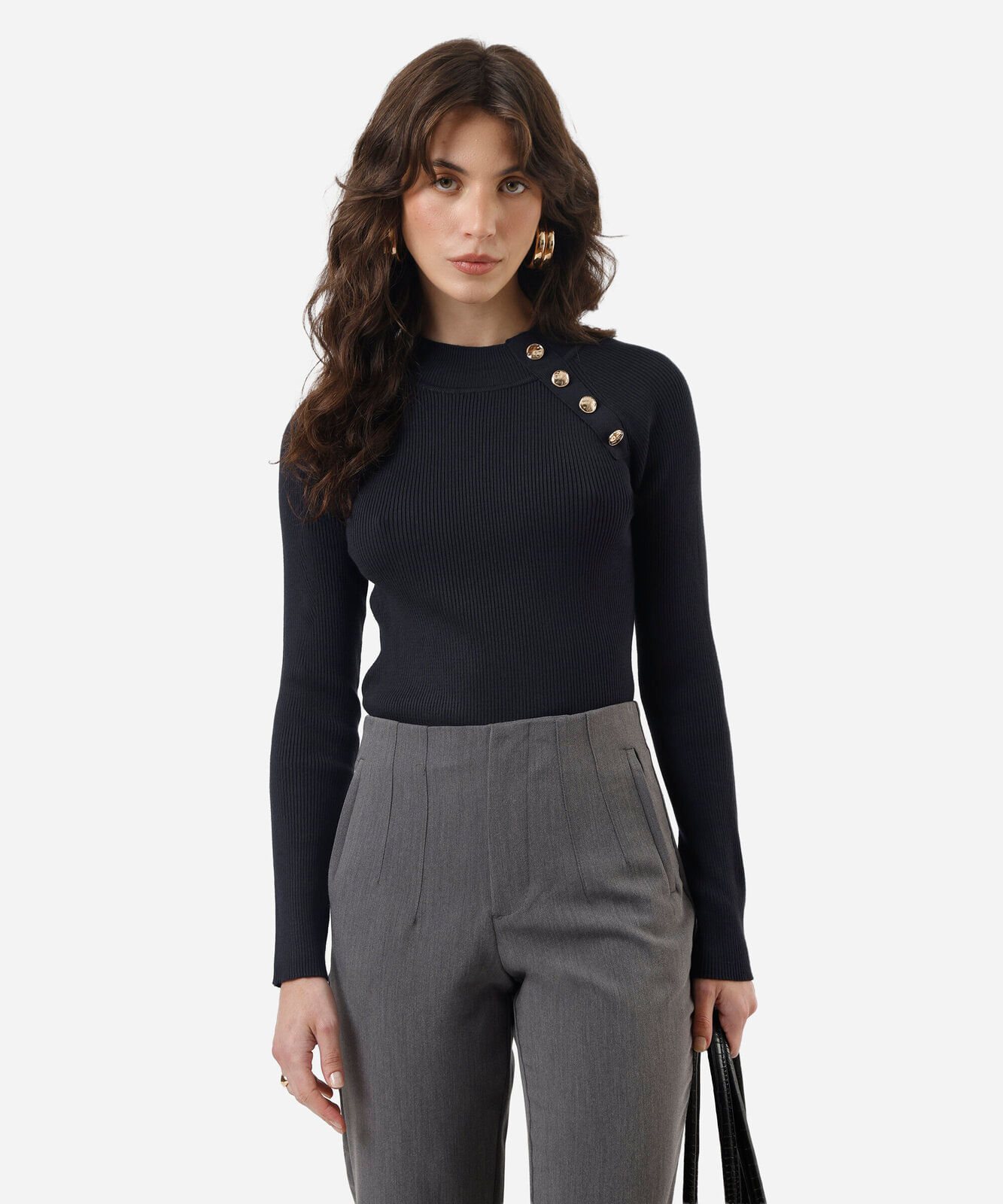 suéter feminino de tricot com botões canelado azul