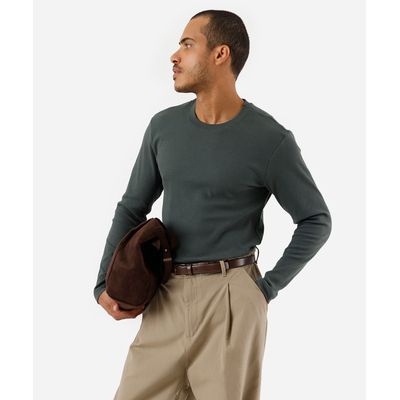 camiseta slim fit masculina de algodão manga longa canelada verde