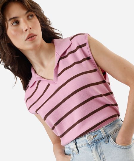 colete feminino de tricot com gola listrado rosa PP colete feminino de tricot com gola listrado rosa PP