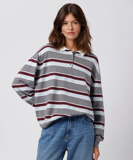 polo feminina de tricot manga longa listrada mindset colorida GG polo feminina de tricot manga longa listrada mindset colorida GG