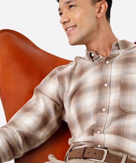 camisa masculina de algodão manga longa xadrez marrom P