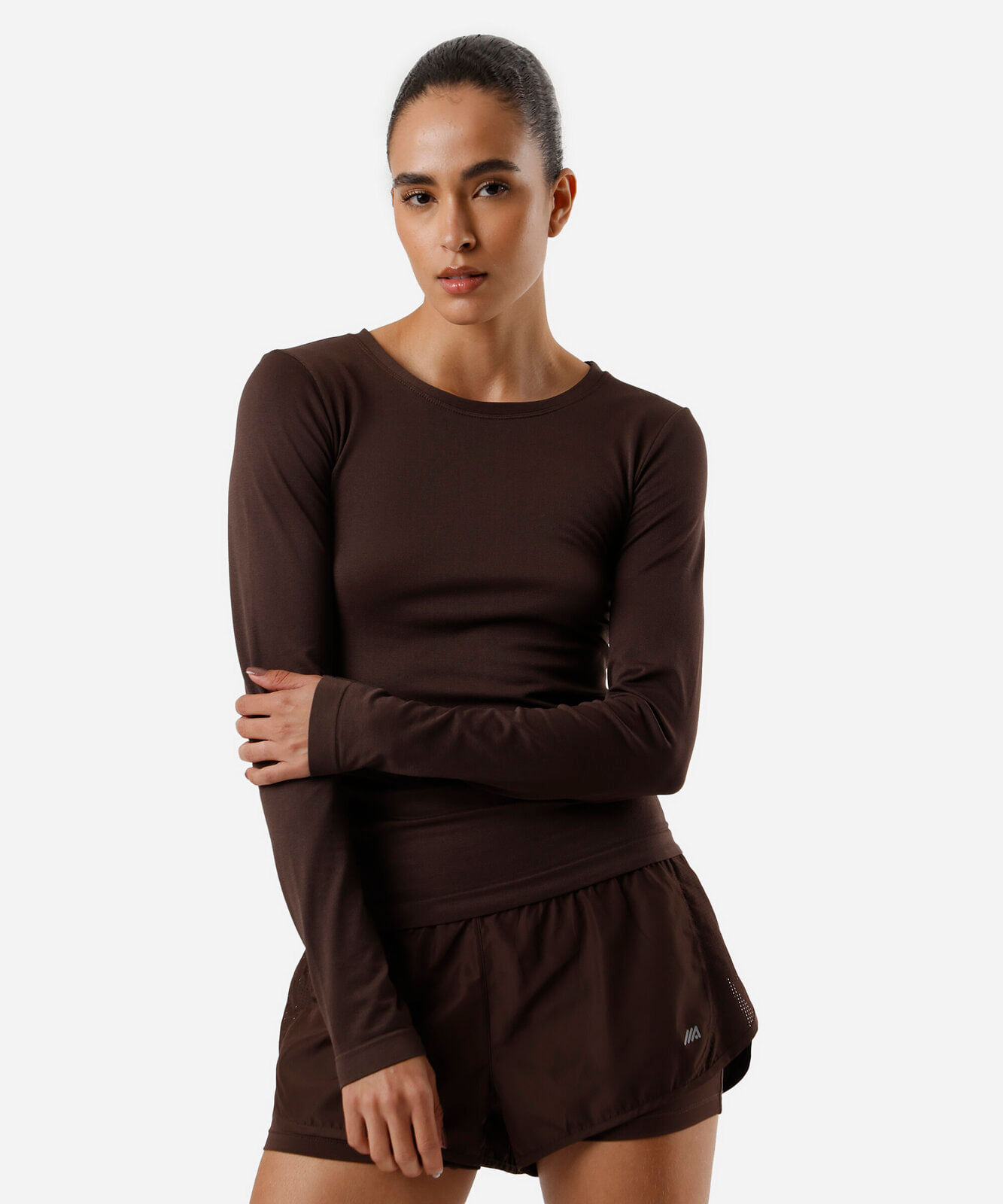blusa feminina de poliamida esportiva manga longa marrom