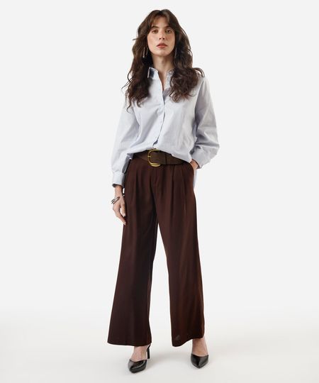 calça wide leg de alfaiataria feminina com linho e pregas marrom 36 calça wide leg de alfaiataria feminina com linho e pregas marrom 36