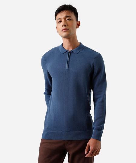 polo masculina de algodão manga longa texturizada azul P