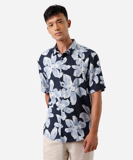 camisa masculina com linho manga curta floral azul P