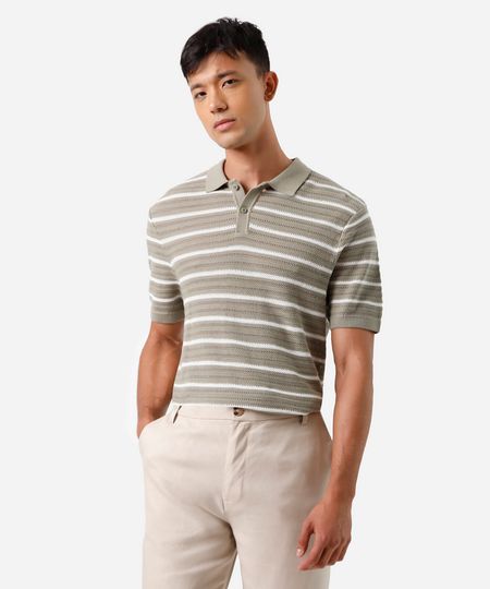 polo masculina de tricot manga curta listrada verde M