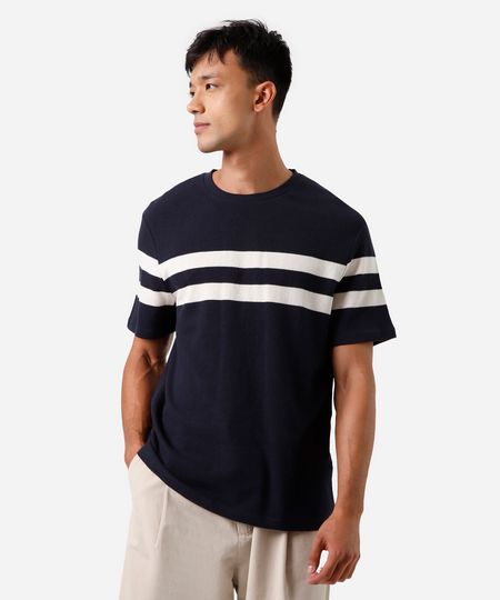 camiseta masculina de algodão manga curta listrada texturizada azul G camiseta masculina de algodão manga curta listrada texturizada azul G