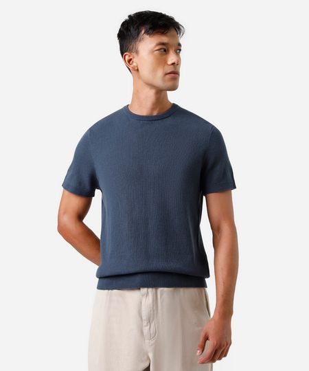 camiseta masculina de tricot manga curta azul GG