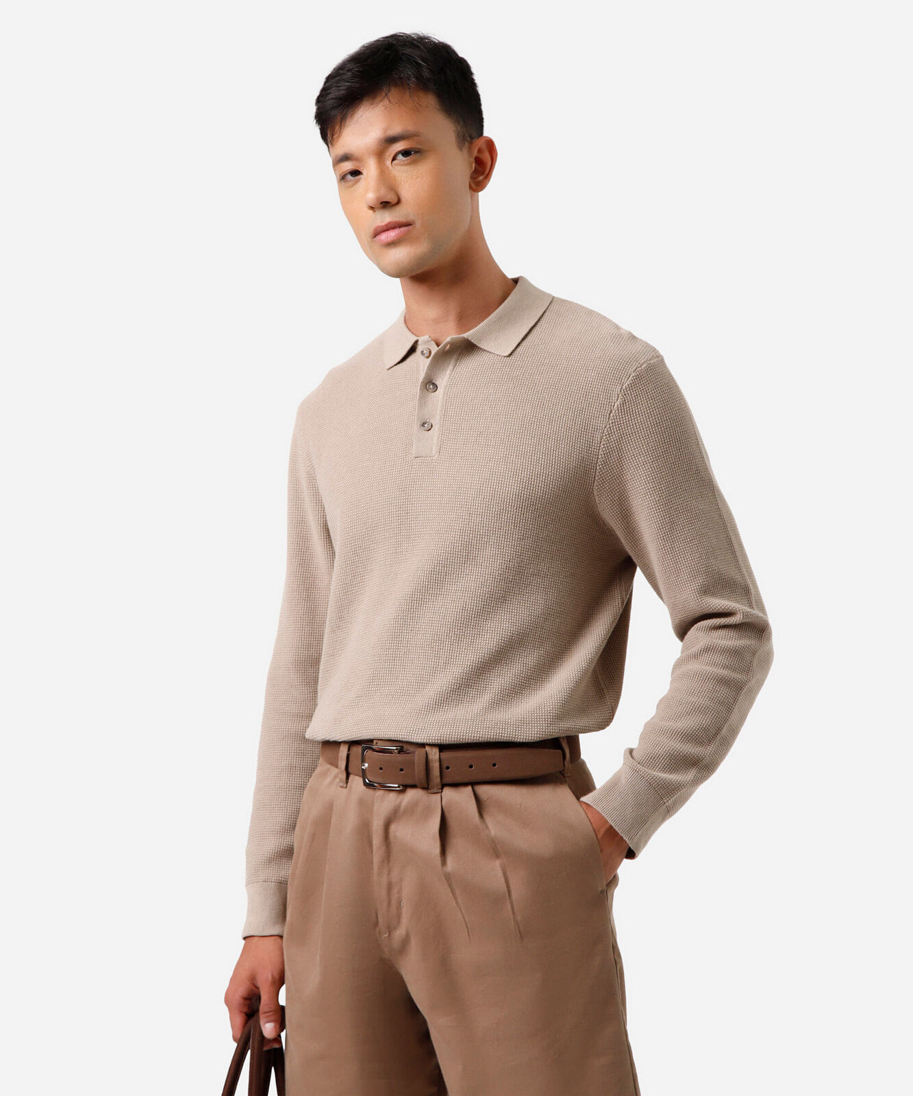 polo masculina de tricot manga longa texturizado bege
