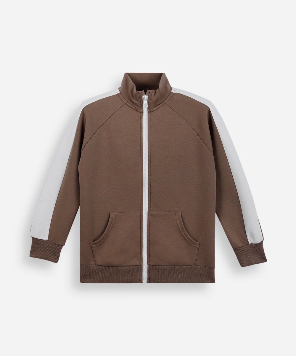jaqueta infantil de moletom com zíper bicolor bege
