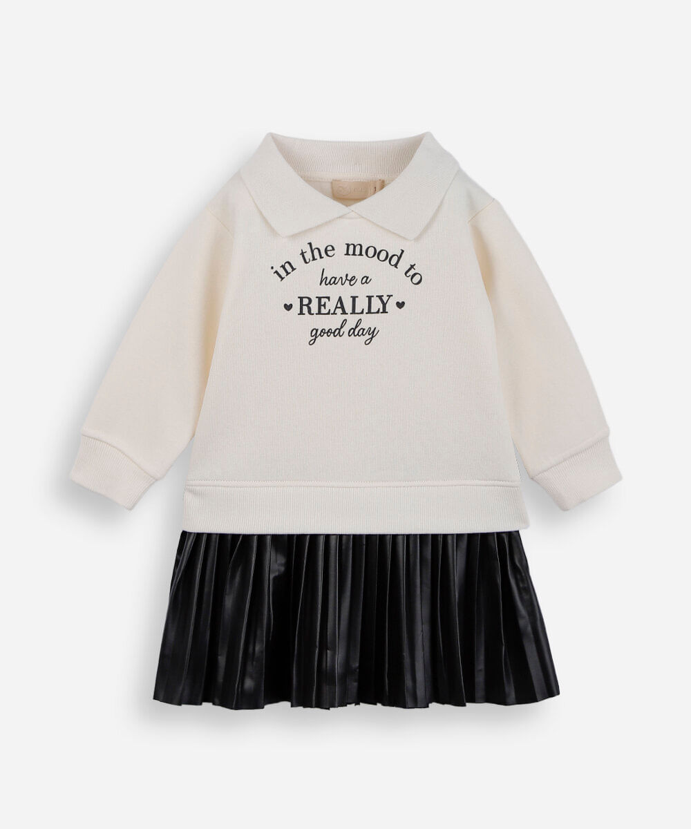vestido infantil de moletom polo e saia plissada off white