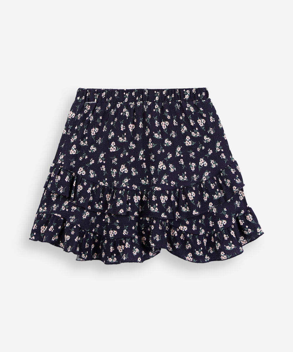 mini saia juvenil texturizada com babados floral azul