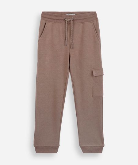 calça jogger infantil de moletom com bolso cargo bege 4